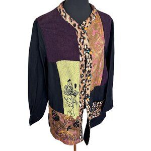 Alex Kim Womens Cardigan Sweater Jacket Patchwork Animal Print Art to Wear Large